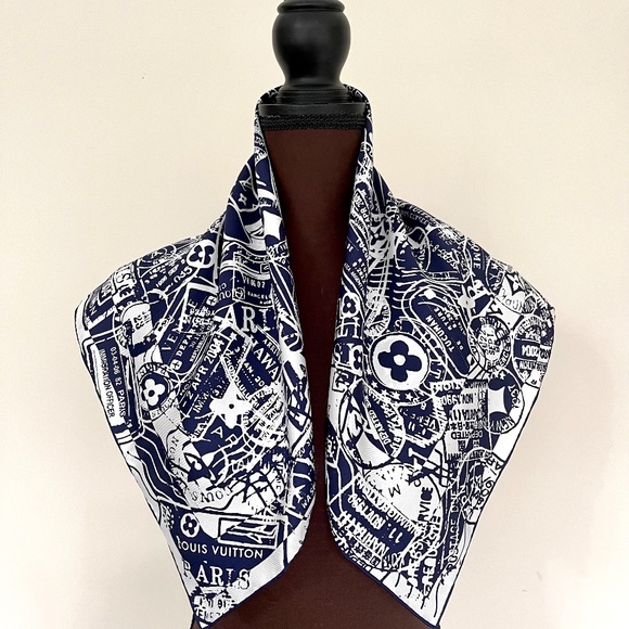New Louis Vuitton Scarf Luggage Travel Stamps Blue Silk Scarf Wrap - Picture 3 of 14